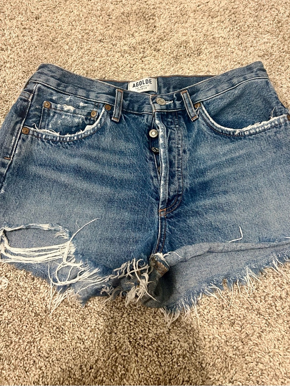 Agolde Blue Distressed High-Rise Denim Shorts